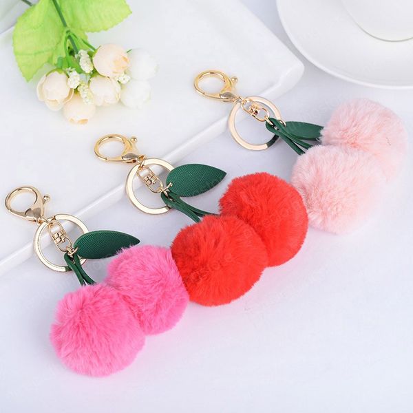 Wunderschöner Pompom-Blatt-Handtaschenanhänger, süße Kirsche, künstlicher Kaninchenfell-Ball, Schlüsselanhänger, Auto-Schlüsselanhänger, Ringhalter