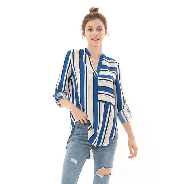 Bloups feminina camisas Apperloth 2021 Autumn Women Blue White Striped Ship Slave Stand Gollar Chiffon Blush Office Ladies Tops S-X