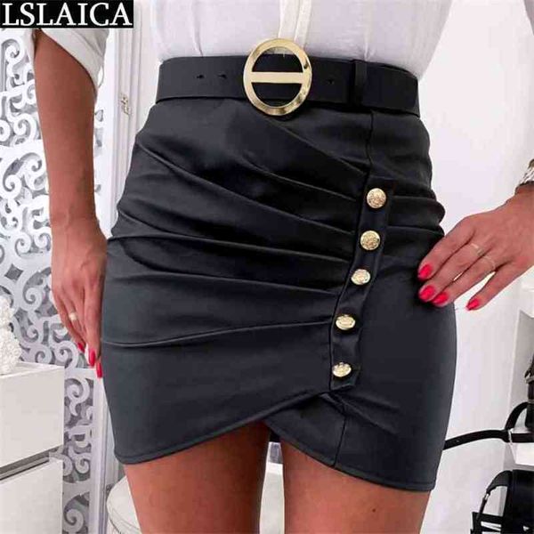 

black skirts for women mini fashion casual pleated pu leather skirt button pencil elegant evening party wear 210515