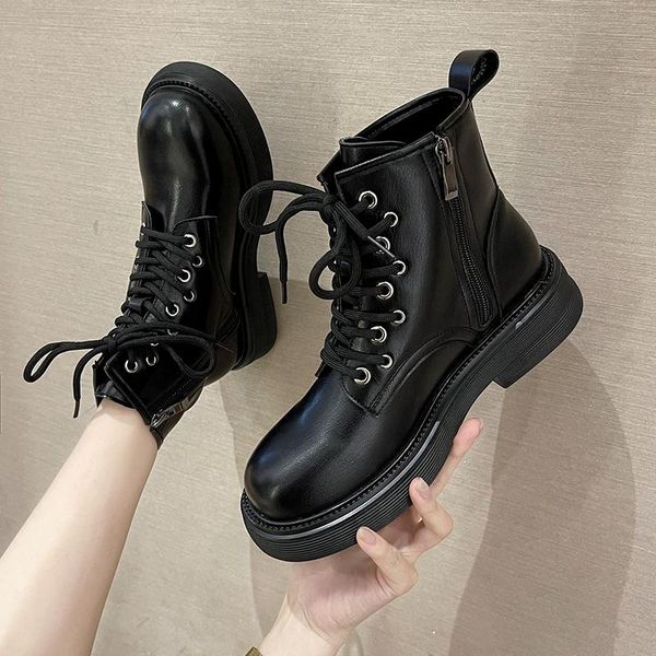

boots size35-40 chunky motorcycle for women autumn 2021 fashion round toe lace-up combat ladies shoes, Black