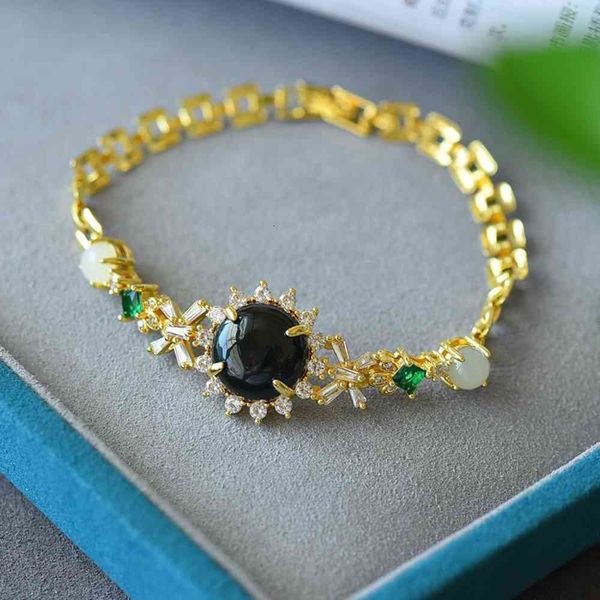 

chain bracelet copper inlaid xinjiang natural n jade sapphire round egg face bracelet light luxury atmosphere personalized hand ornament tem, Black