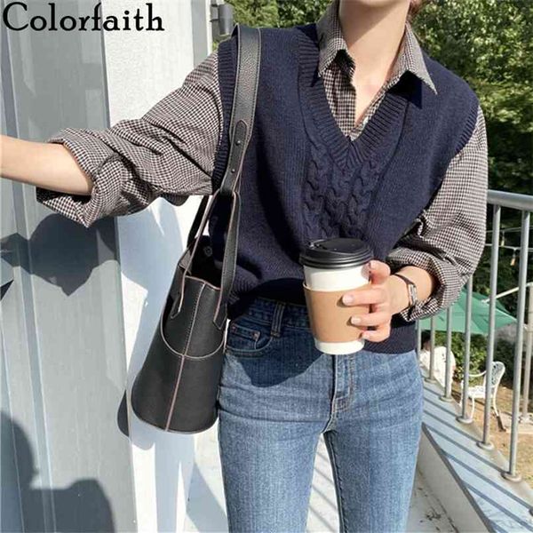 

autumn winter women sweaters sleeveless vest minimalist england style knitting wild lady short swv8159 210427, White;black