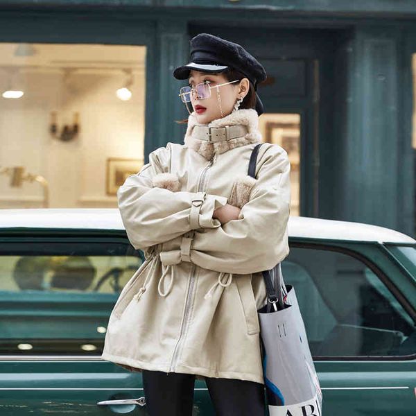 

women's down & parkas leather bike of plutonium mid-length down-length woolen jacket streetwear spring and autumn women's elastic, Black