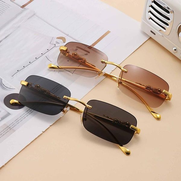 

outdoor eyewear fashion vintage rimless square sunglasses women men designer travel driving metal leopard head sun glasses
