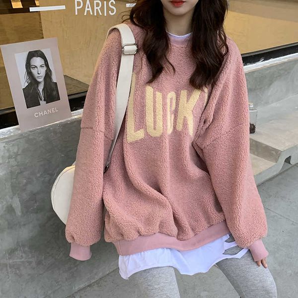 

fake two-piece lamb hair ulzzang female winter korea ins harajuku vintage lucky letter loose chic casual sweatshirt 210608, Black