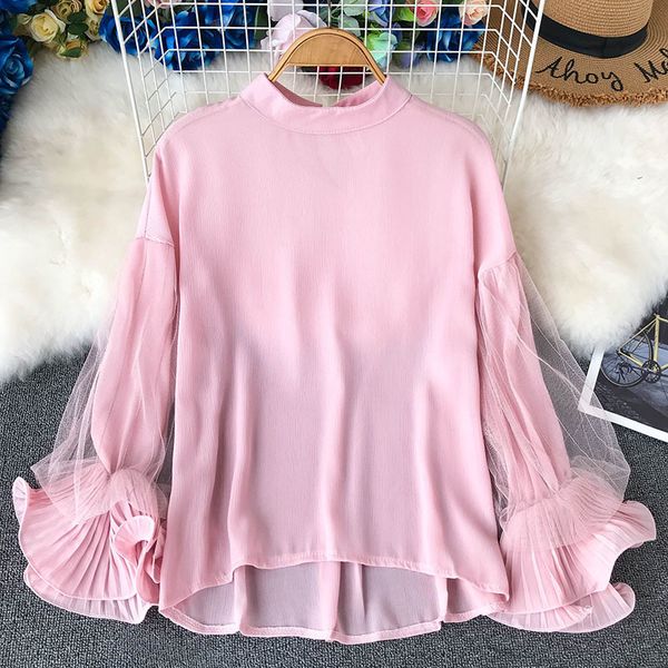 

women's blouses & shirts spring women loose chiffon blouse shirt mesh stitching stand collar ladies elegant flounced casual tky2, White