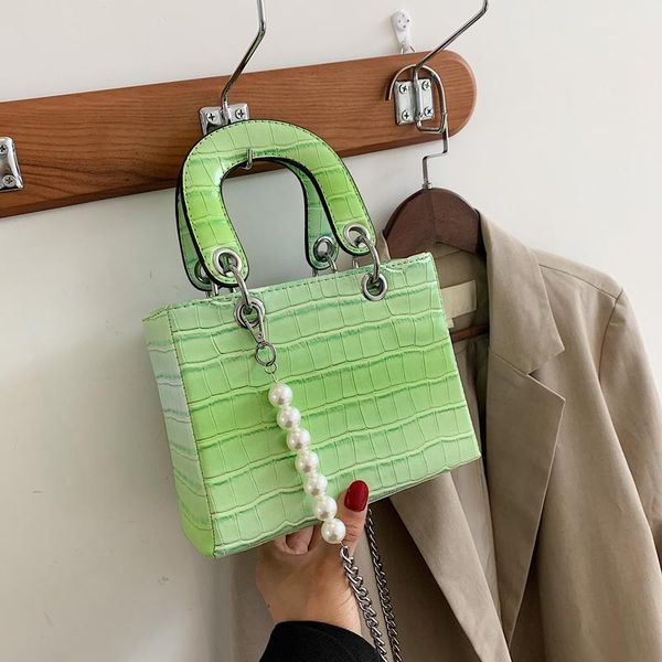 

shoulder bags metal chain beads elegant female lattice tote bag 2021 fashion pu leather women's designer handbag messenger