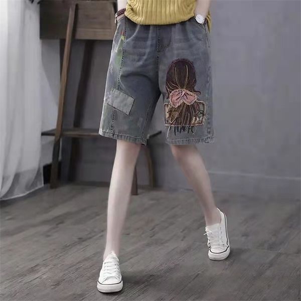 

arrival summer women loose casual elastic waist knee length jeans all-matched cotton denim patchwork harem pants w347 210512, Blue