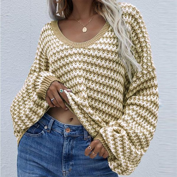 

women's sweaters women striped sweater crew neck puff sleeve fit ribbed edge oversize knitted pullovers 2021 autumn lady street loose k, White;black