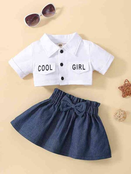 

baby letter graphic jacket & paperbag waist bow front skirt she, Blue