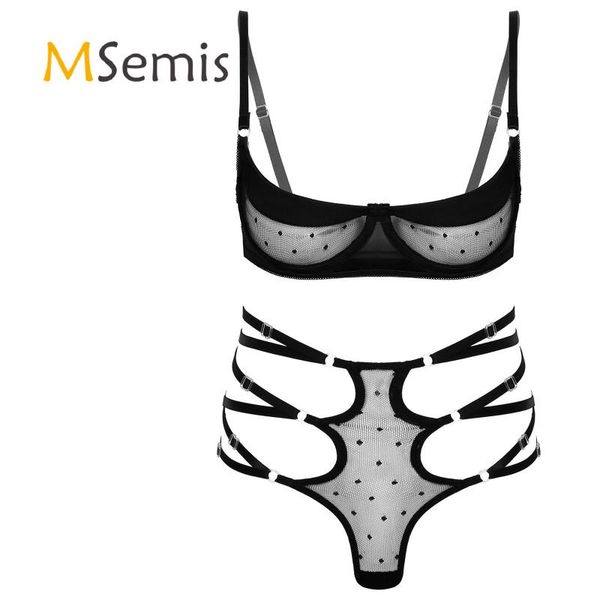 

one-piece suits womens lingerie see-through mesh set underwear underwire unlined bra with strappy g-string briefs two-piece nightwear