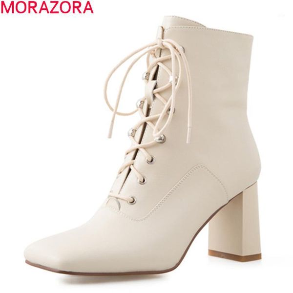 

boots morazora 2021 ankle genuine leather fashion ladies shoes thick high heels square toe women1, Black