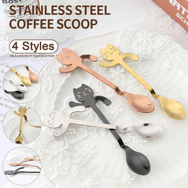 

spoons 1pcs cute cat dessert spoon stainless steel teaspoon for coffee ice cream laser engraving long handle flatware gifttableware