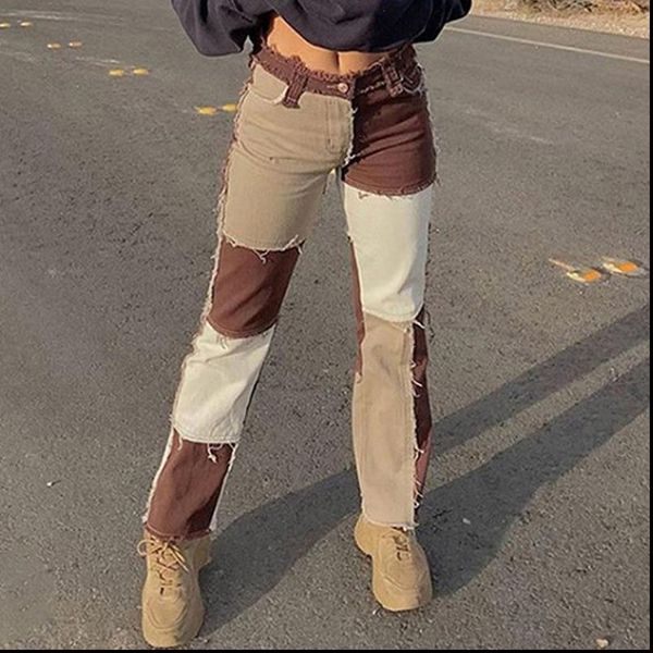

autumn brown cowboy striped womens jean patchwork street casual hip hop high waist loose straight fashion pants, Blue
