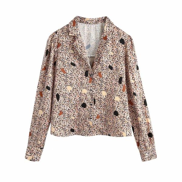 

women blouse printed lapel collar v-neck cuffed sleeves flowing shirt female shirts femme mujer blusas 210420, White