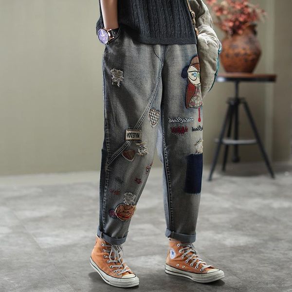 

spring women's cartoon patch casual personality trousers retro loose waist elastic ladies jeans, Blue