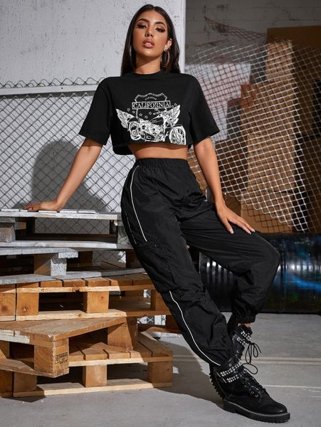 

graphic print boxy crop tee and contrast tipping pants set v0af#, White