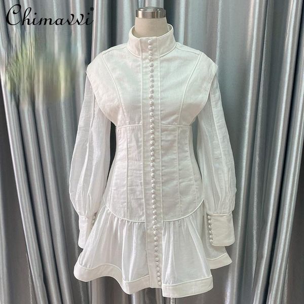 

casual dresses fairy french style court elegant white cotton and linen dress for women sleeve stand collar single-breasted, Black;gray