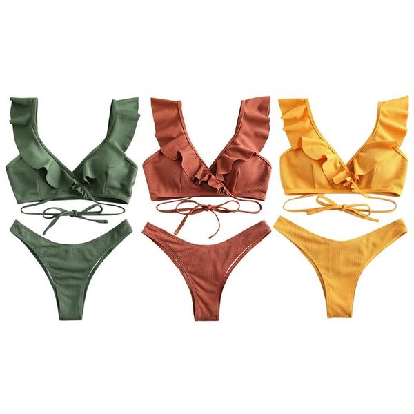 

one-piece suits women 2 pieces bikini set ruffles deep v-neck swimsuit cross wrap front lace-up bowknot solid color ribbed bathing suit