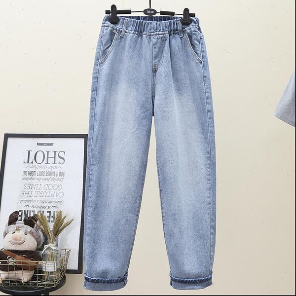 

casual plus size loose pants womens jeans wide leg cropped denim elastic waist for woman 4xl 5xl, Blue