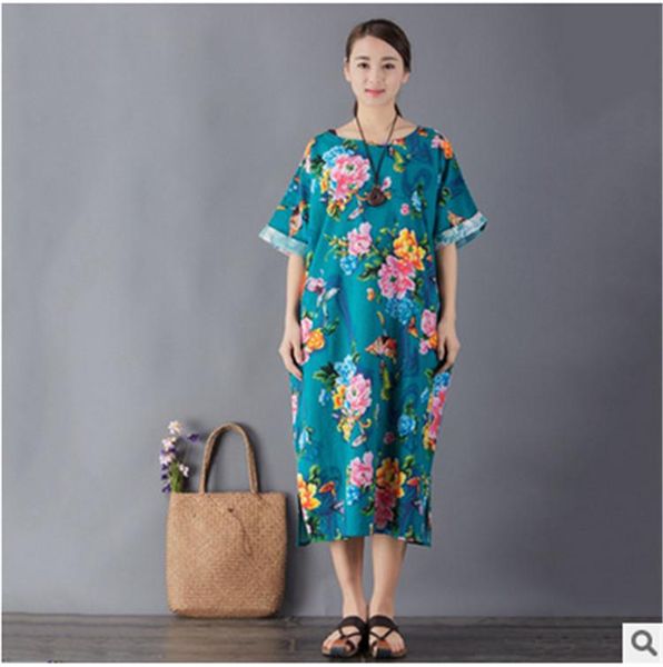 

casual dresses brand butterfly summer flower cotton and linen loose dress high quality, Black;gray