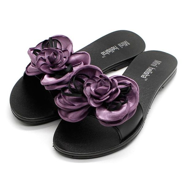

slippers shoes women beach summer elegant flat heels slipper with ladies floral rose silk chaussure femme#0316, Black