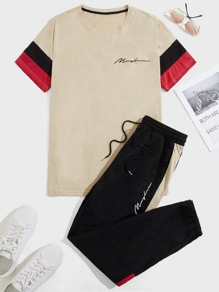 

men letter print colorblock tee & sweatpants set q9yu#, Gray