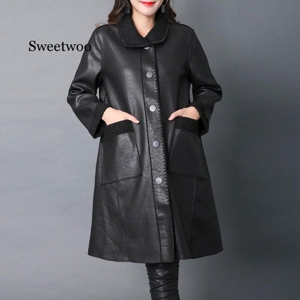 

women's leather & faux pu coats autumn winter jacket medium long thicken casual fashion jackets women 52kc, Black