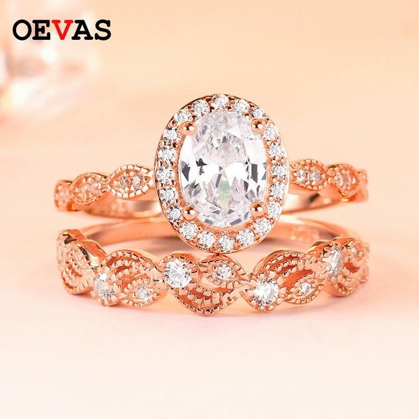 

cluster rings real 925 sterling silver ring set female engagement wedding band bridal gold rose color s925 for women jewelry, Golden;silver