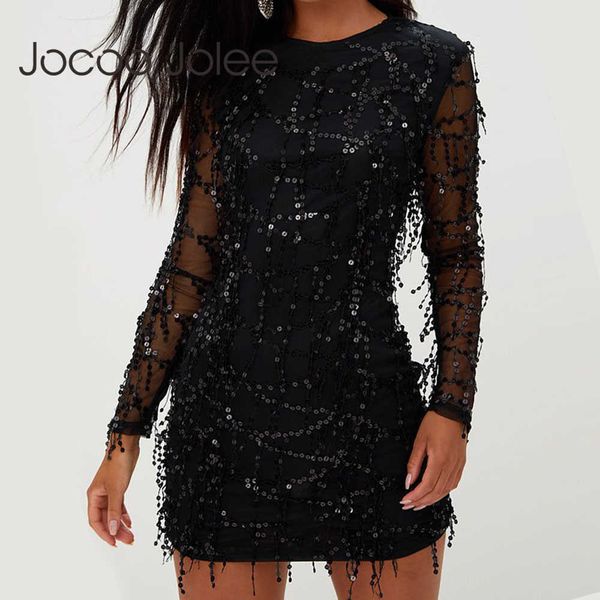 

jocoo jolee club sequins dress women mesh long sleeve patchwork bodycon dress elegant tassel o neck slim mini dress 210619, Black;gray