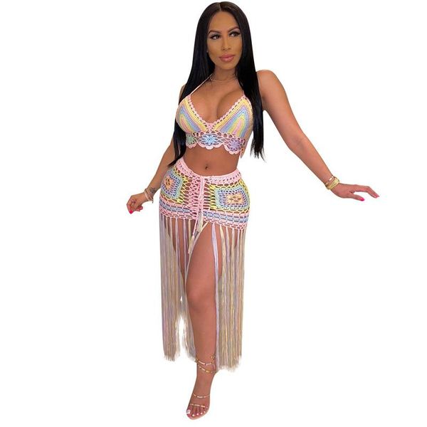 

women's swimwear 2021 women two-piece clothes set multicolor deep v-neck sleeveless crop and long skirt cover-ups, White;black