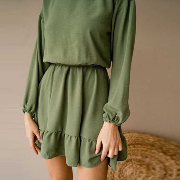 

casual dresses moarcho pure green ruffle folds belt dress o-neck long sleeve loose soft daily summer mini women's 2021 arrival, Black;gray