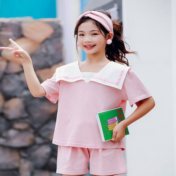 

clothing sets summer teenager girls 2-pcs short sleeves t-shirt + solid color shorts sports style kids clothes e2187 tktr, White