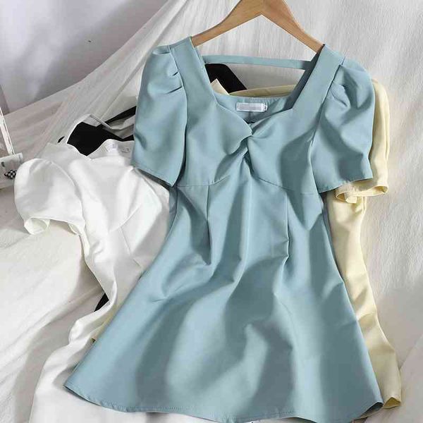 

casual dresses elegant twisted puff sleeve bag hip mini dress for womens summer temperament v neck solid color a-line short female, Black;gray