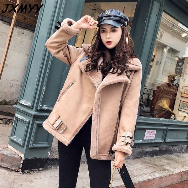 

south korea autumn and winter lapel thick suede fur one short coat female deerskin cashmere lamb hair motorcycle suit jxmyy 210412, Black;brown