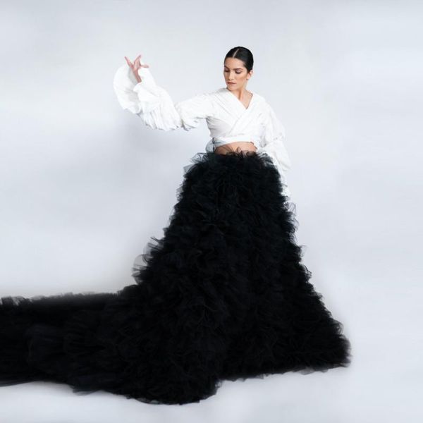 

skirts 2021 elegant black ruffled tulle skirt floor length long women with train puffy maxi girls