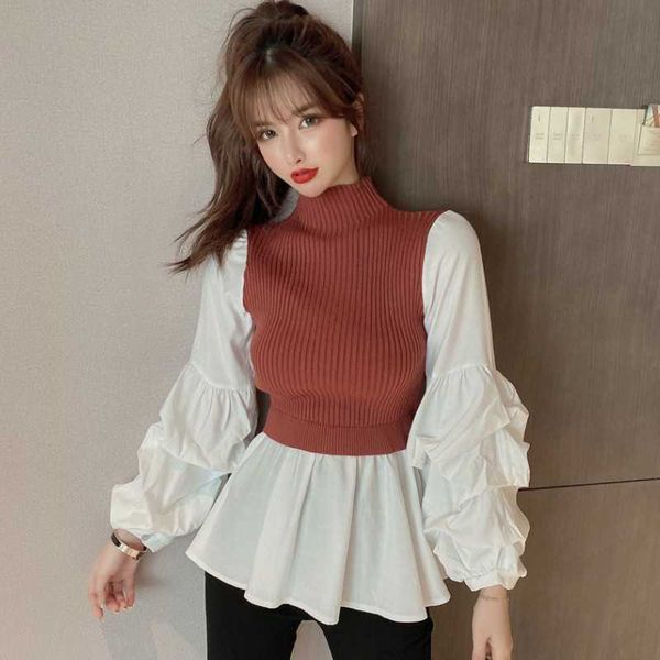 

autumn women's knit patchwork fake two-piece casual slim fit lantern sleeve shirt tight turtleneck pullovers sweater 210526, White