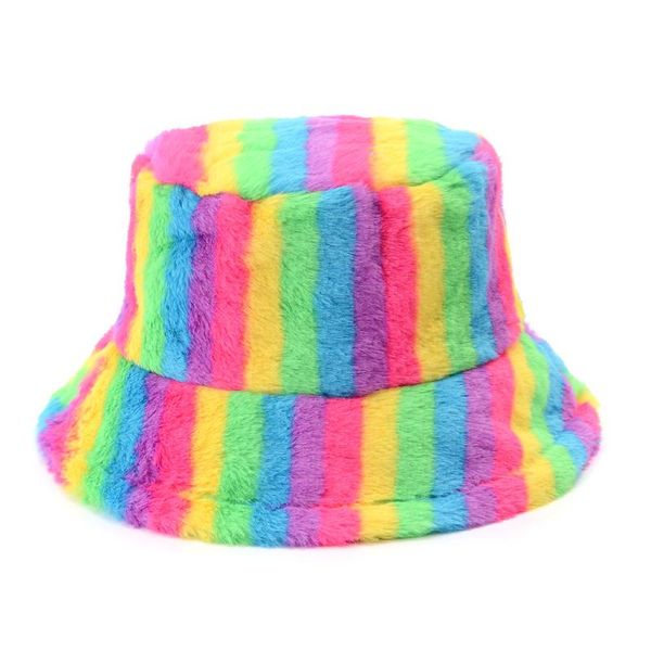 

wide brim hats outdoor faux fur multicolor rainbow striped bucket women soft warm velvet fisherman hat bob lady girl vacation panama, Blue;gray