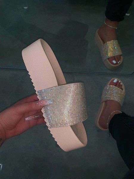 

factory wholesale explosion candy-colored flash diamond thick slip slippers comfortable wild sandals, Black