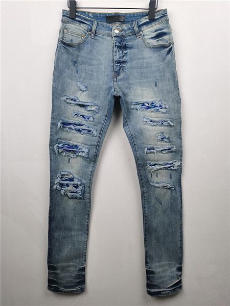 Мужские джинсы дизайнерские синие отверстия патч повседневная мотоцикл байкер эластичность брюки дизайн новейшие хлопчатобумажные мода тонкий рок возрождается джинсовые брюки размер W28-W38