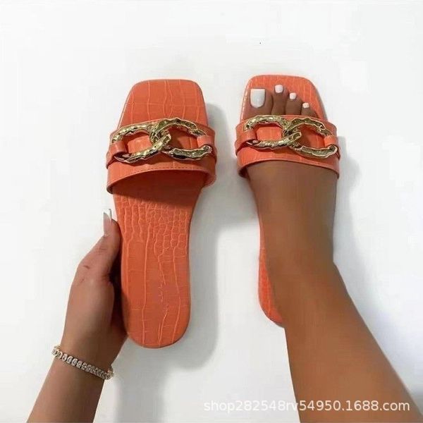 

luxury slippers large flat women's metal chain sandals roman everyday one line, Black