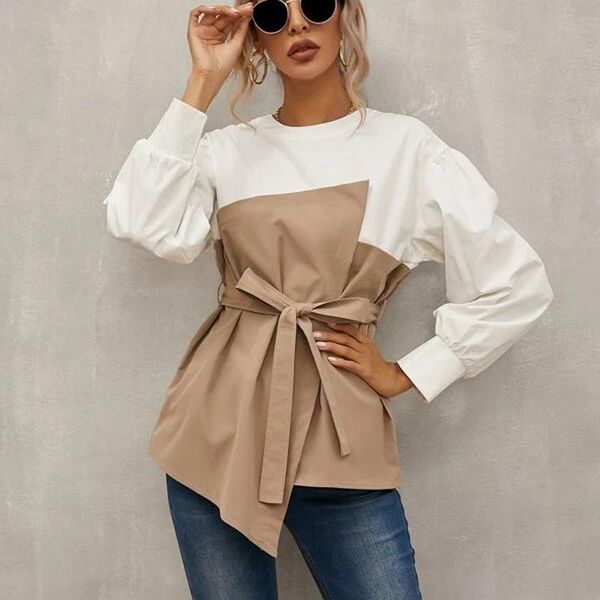 

women's t-shirt 2021 spring summer round neck solid color stitching loose-fitting hooded lantern sleeve with belt ol urban beauty, White
