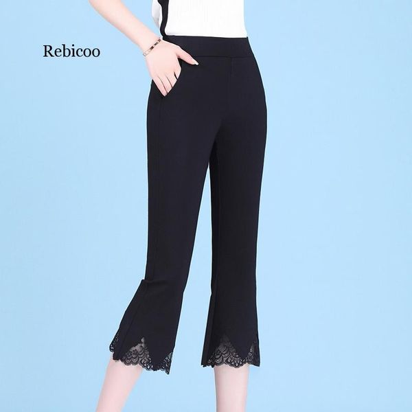 

women's pants & capris casual high waist black ankle-length women summer loose ladies office trousers pocket lace solod korean flare 4x, Black;white