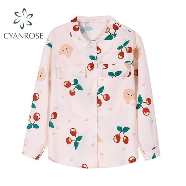 

cherry print womens shirt vintage elegant autumn korean long sleeve button up female clothes loose woman blouses shirts 210515, White
