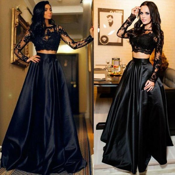 

elegant fashion crop lace women tracksuits floor length skirts suits 2pcs formal sets evening party fitting full dress, Gray