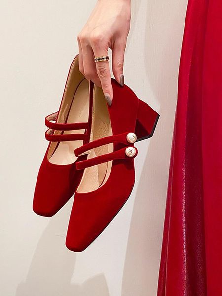 

dress shoes sweet women's square toe red white high heels pumps pearls decoration chinese style bridal party l16, Black