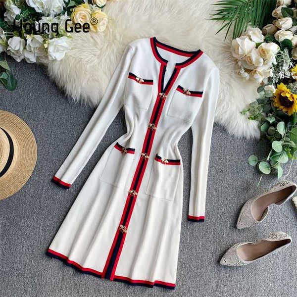 

young gee autumn women fashion knitted dress long-sleeved v-neck ladies pullovers winter vintage bee buttons sweater dresses 211110, Black;gray