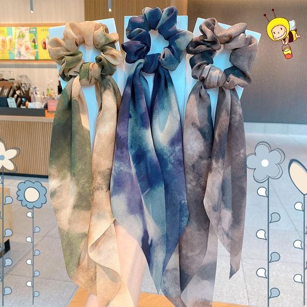 

hair accessories korean version simple large intestine circle water ink halo dye ribbon scarf rope temperament elegant tie, Slivery;white