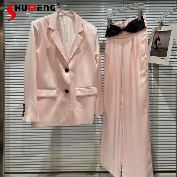 

women's two piece pants 2021 early autumn love button mercerized cotton thin suit coat bow two-piece for women, White