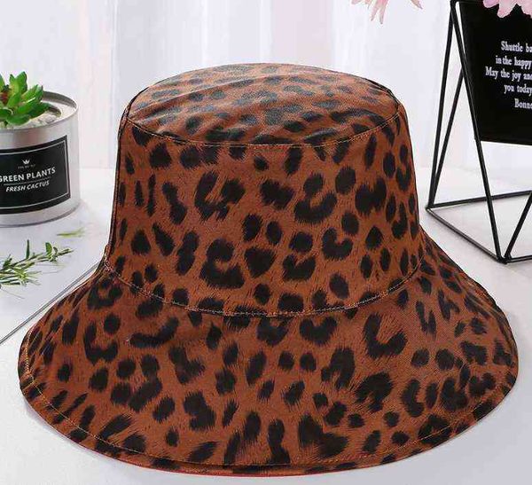 Мода двух сторон черный леопардовый ковш шляпа для женщин обратимые Панама Солнце Лето Дамы Корейский пляж Рыболовные шляпы G220311
